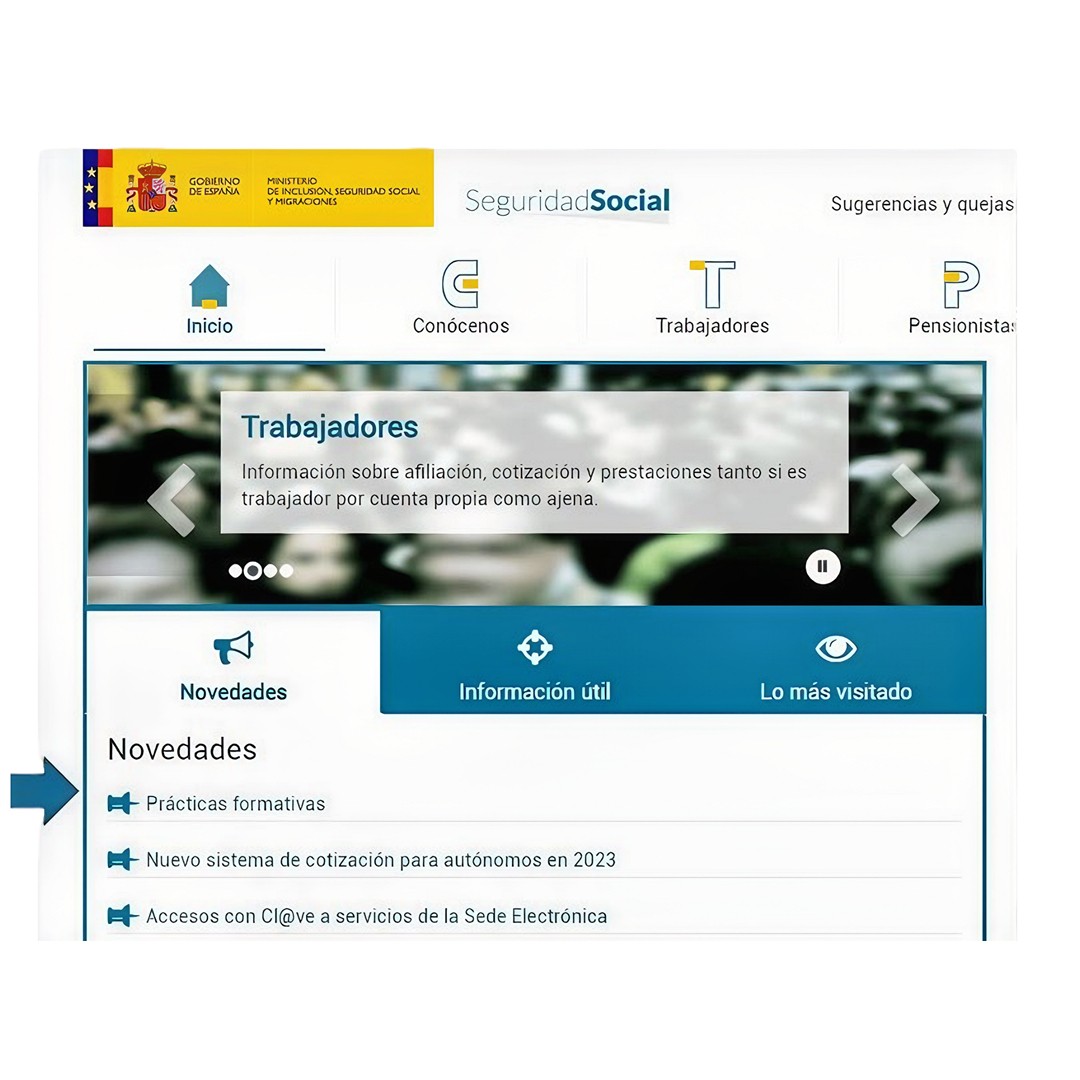 Captura de pantalla de la página web oficial de la Seguridad Social sobre el tema de los Becarios. 