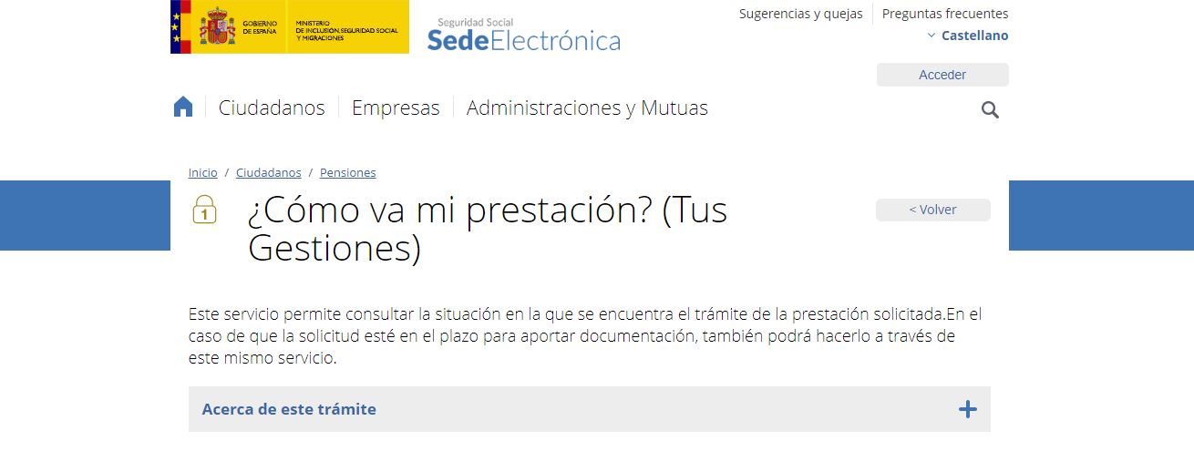 Recorte de pantalla de la Sede Electrónica de la Seguridad Social - '¿Cómo va mi prestación?'