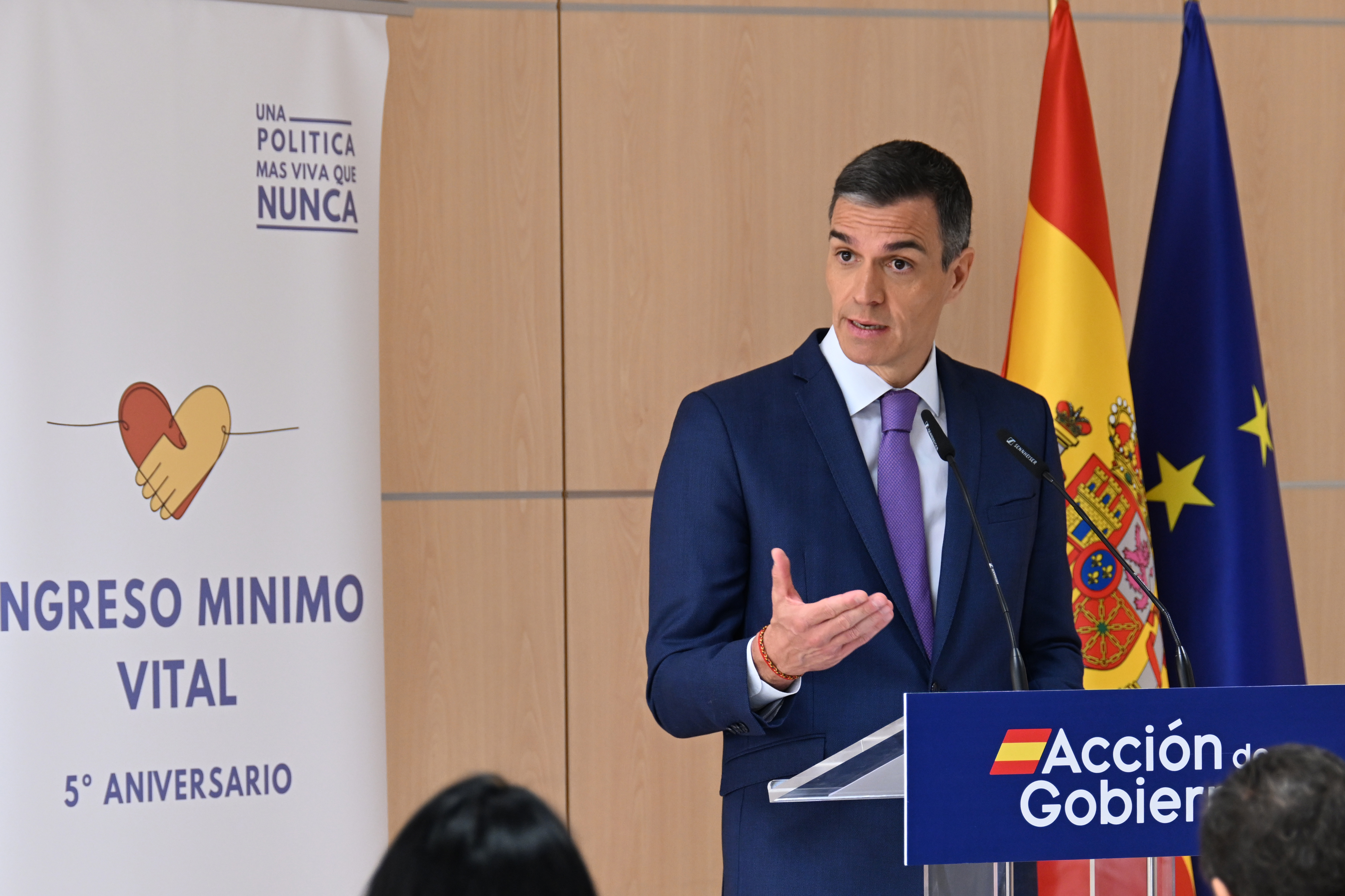 Pedro Sánchez en el CATT del INSS, situado en Leganés, durante el V aniversario del IMV
