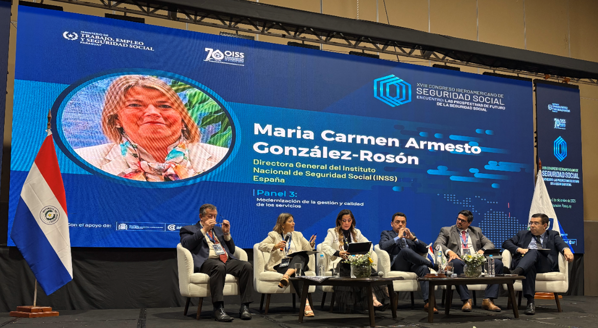 La directora general del Instituto Nacional de la Seguridad Social (INSS), Carmela Armesto, durante su intervención en el encuentro “Las prospectivas de futuro de la Seguridad Social”.