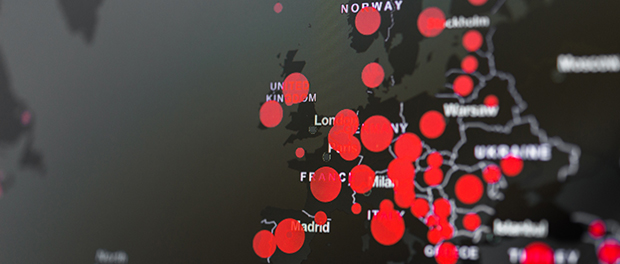 World map showing the spread of coronavirus covid-19 pandemic virus, focus on Europe