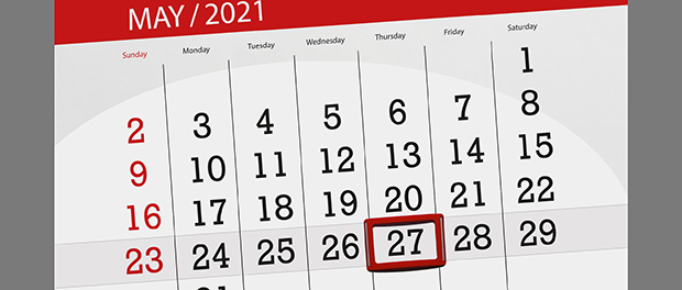 Calendar planner for the month may 2021, deadline day, 27, thursday