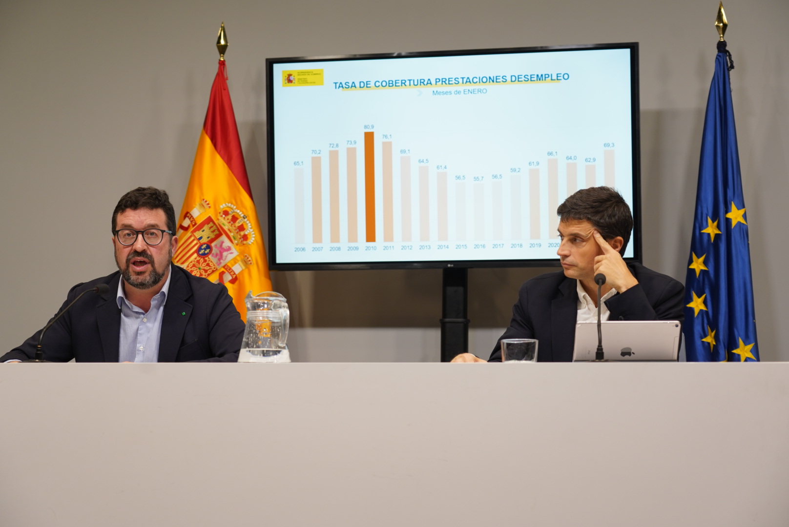 Los secretarios de Estado de Empleo y Economía Social y de Seguridad Social y Pensiones durante la rueda de prensa