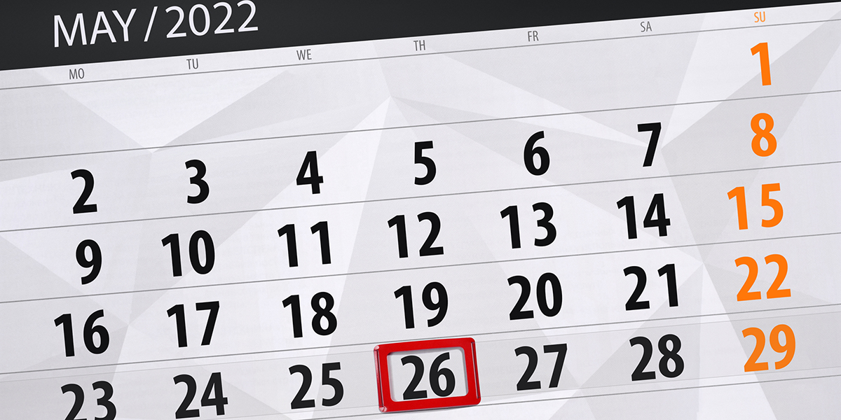 Calendar planner for the month may 2022, deadline day, 26, thursday