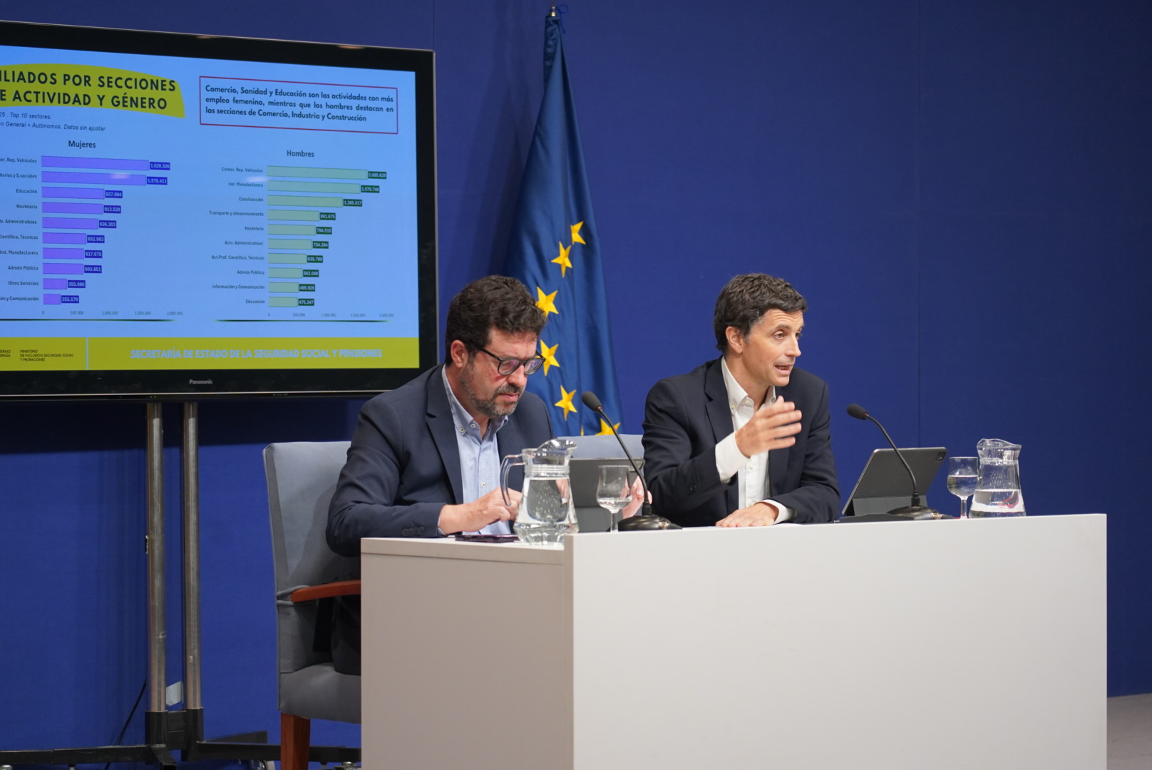 Secretario de Estado de Trabajo, Joaquín Pérez Rey, junto al secretario de Estado de Seguridad Social y Pensiones, Borja Suárez, durante la rueda de prensa de presentación de los datos de afiliación y paro correspondientes a enero de 2025